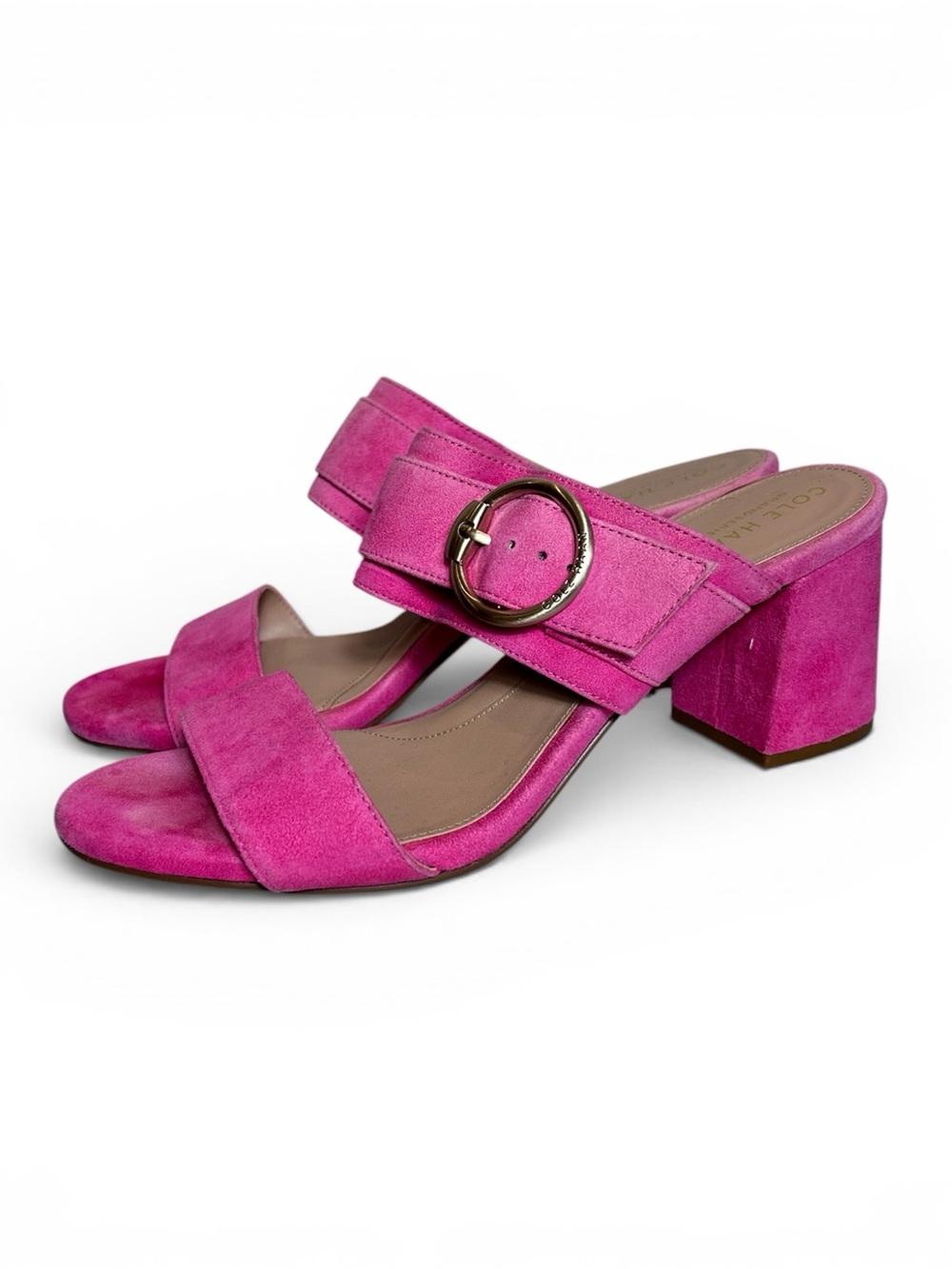 Cole Haan Fuchsia Suede Block Heel Slide with Gold Buckle
